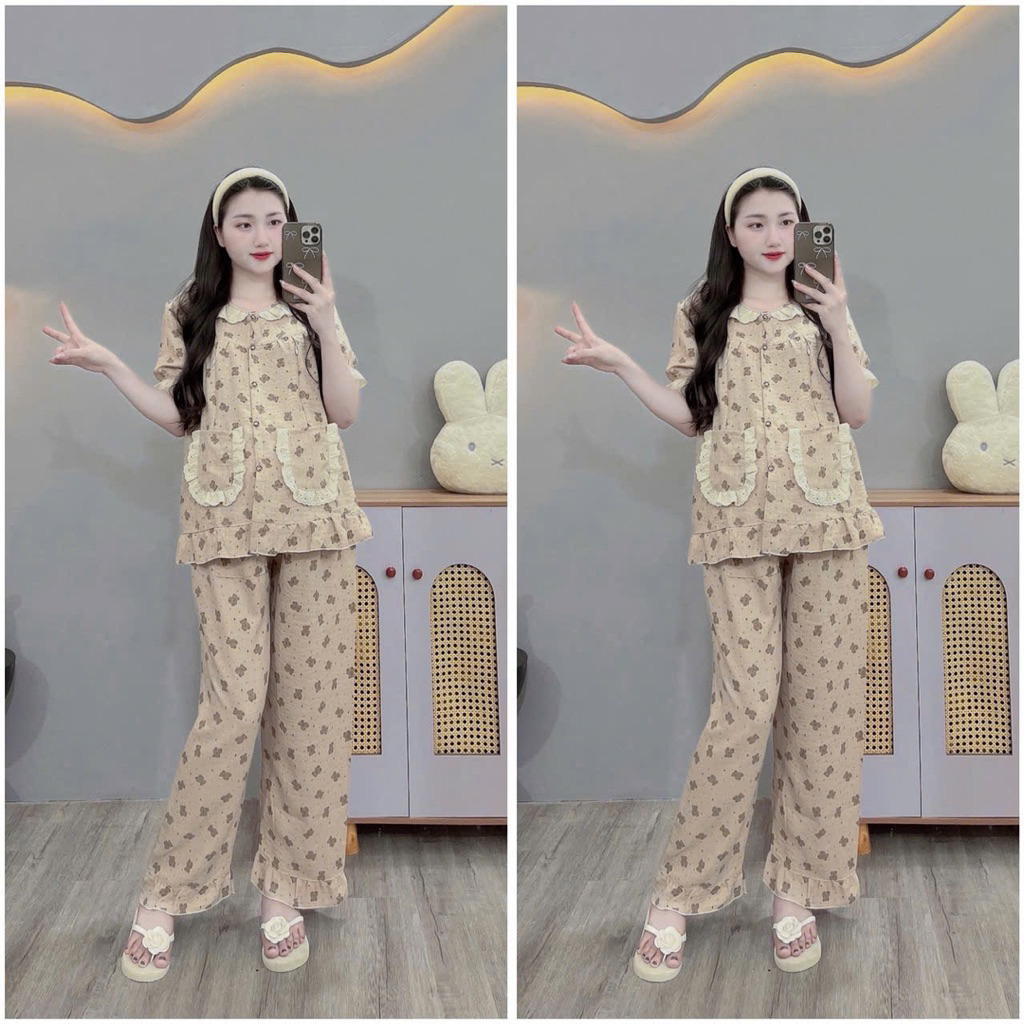 Bộ Bầu-Bộ sau sinh-BỘ QDAC VÂN MÂY HÌNH CỔ REN HAI TÚI, áo có khoá kéo , quần có chun chỉnh