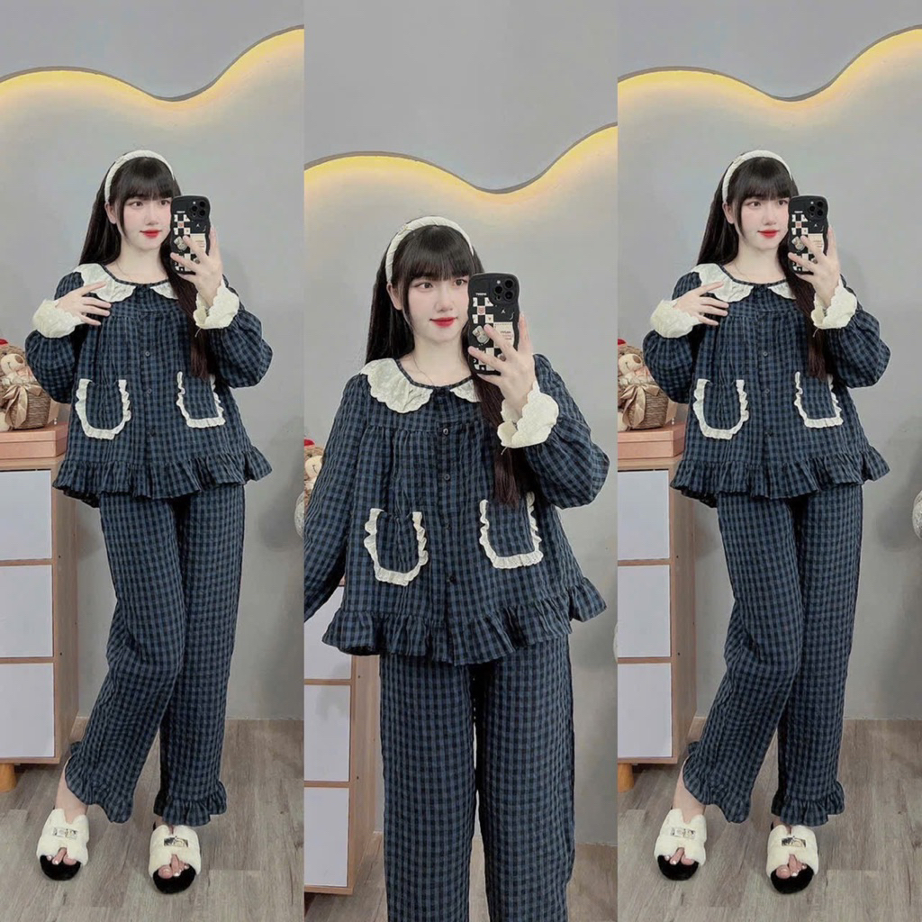Bộ bầu-bộ sau sinh-BỘ DÀI ĐŨI THÁI KẺ TO CỔ BÈO REN HAI TÚI- 5 màu, áo có khoá kéo hai bên,quần có chun chỉnh