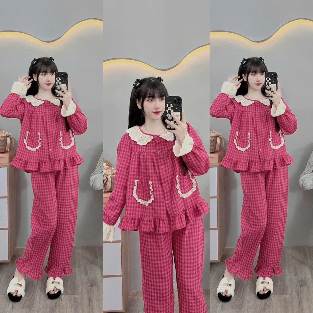 Bộ bầu-bộ sau sinh-BỘ DÀI ĐŨI THÁI KẺ TO CỔ BÈO REN HAI TÚI- 5 màu, áo có khoá kéo hai bên,quần có chun chỉnh