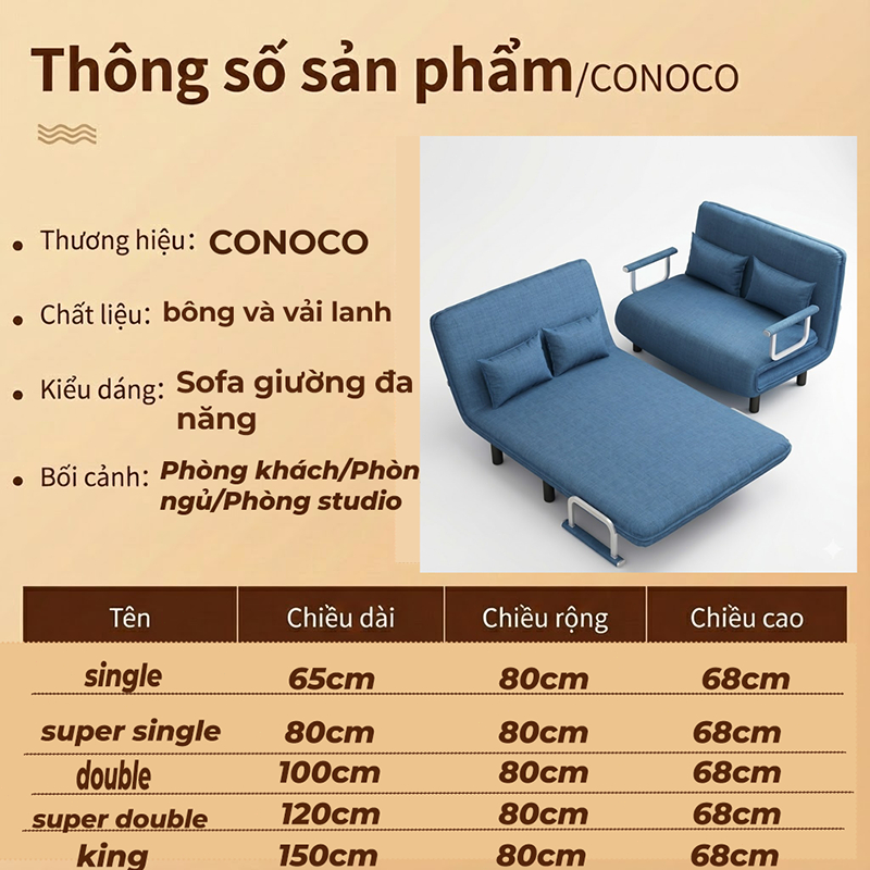 CONOCO Ghế Sofa Giường Đa Năng  Sofa Bed Gấp Gọn Thông Minh Vải Nỉ Êm Ái Kèm Gối Cho Phòng Nhỏ