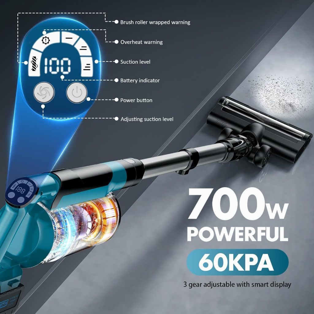 Máy Hút Bụi Không Dây 700W, Lực Hút 60000Pa, Động Cơ 120000RPM, Pin 21V, Màn Hình LED, 2 Pin 1 Sạc