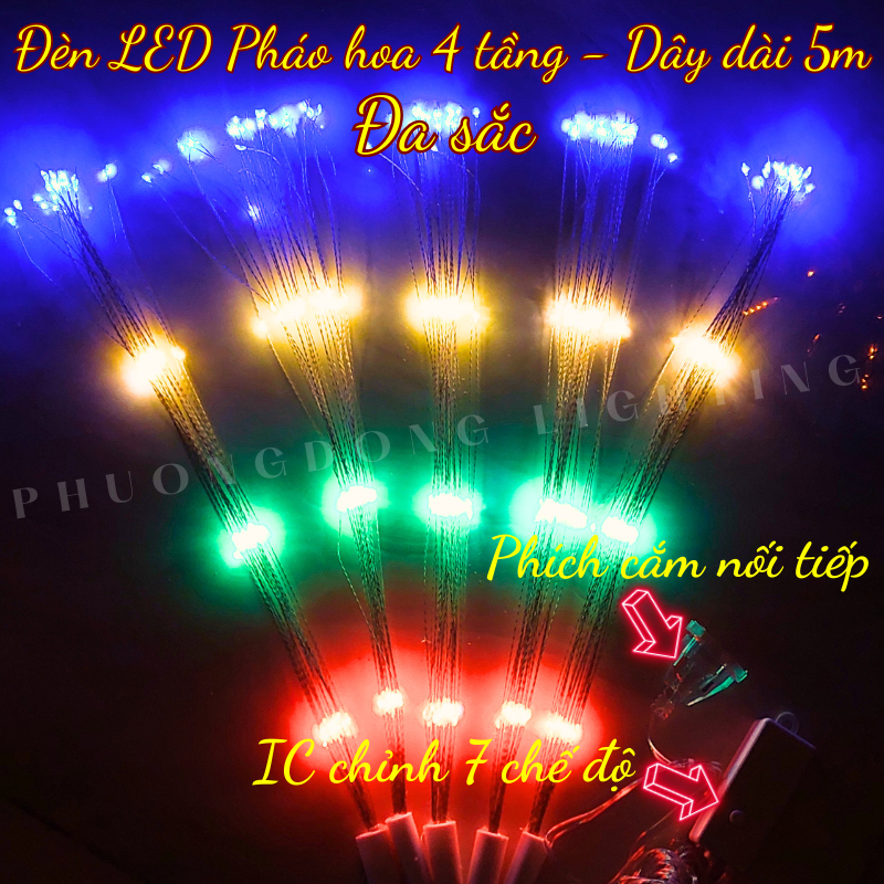 Dây Đèn LED Pháo Hoa 3 tầng - 5 Chùm Màu Vàng, Đủ Màu Trang trí Siêu Đẹp