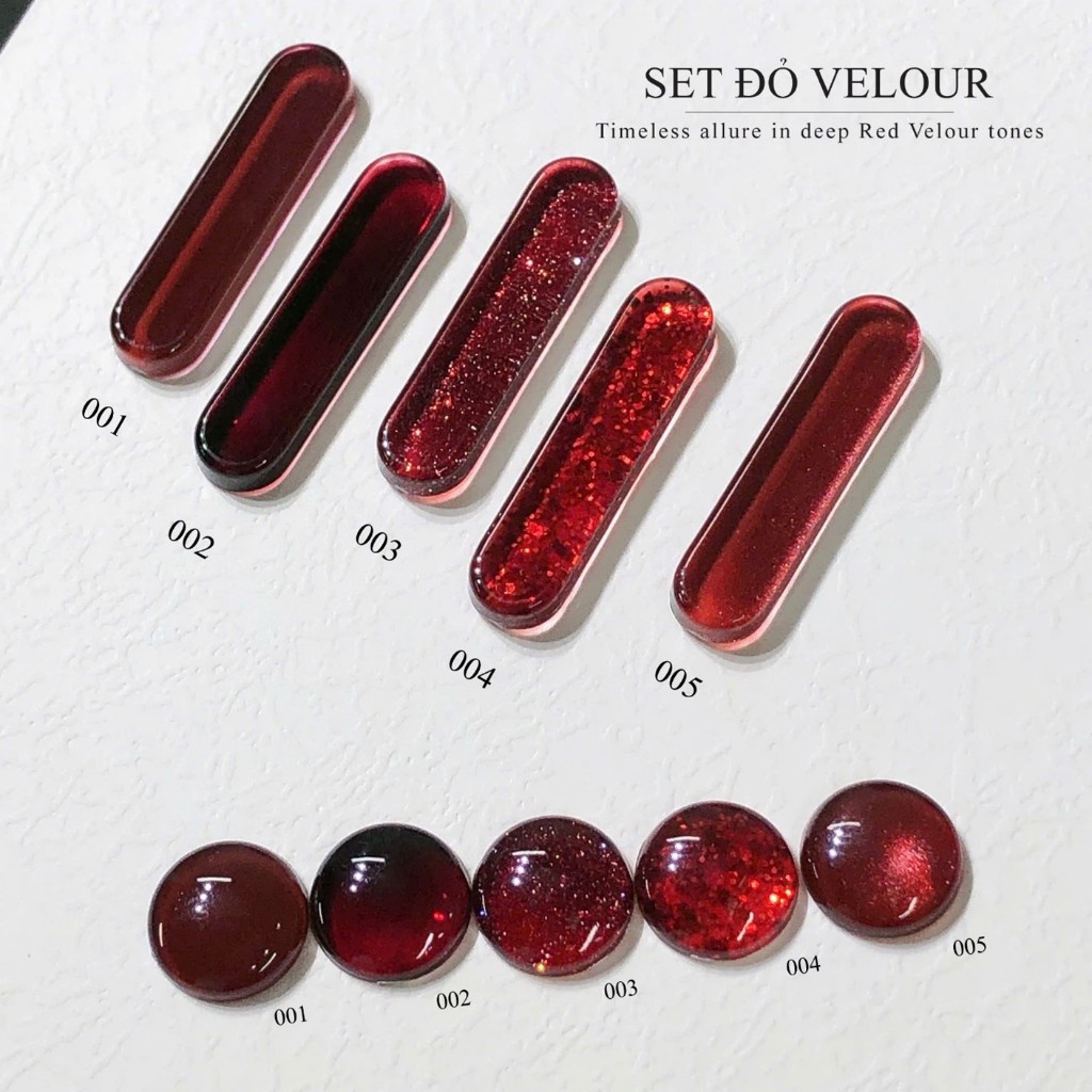 Set sơn gel 5 màu đỏ, màu nhũ đỏ lấp lánh, mắt mèo đỏ, màu đỏ rượu chuyên dụng cho tiệm nail