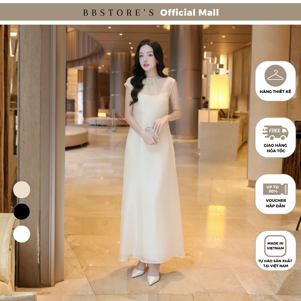 [BBSTORE'S] Đầm Suông Tiệc Dài Hai Dây Lụa Phối Tơ Voan - D4462T