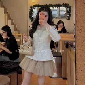 Set áo dạ dài tay cổ vuông phối lưới cao cấp đính cúc hoa nổi bật kèm chân váy ngắn bồng xoè style tiểu thư sang chảnh