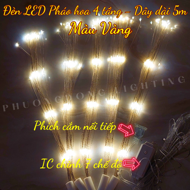 Dây Đèn LED Pháo Hoa 4 tầng - 5 Chùm Dây dài 5m Đủ Màu Màu Vàng Trang trí Siêu Đẹp