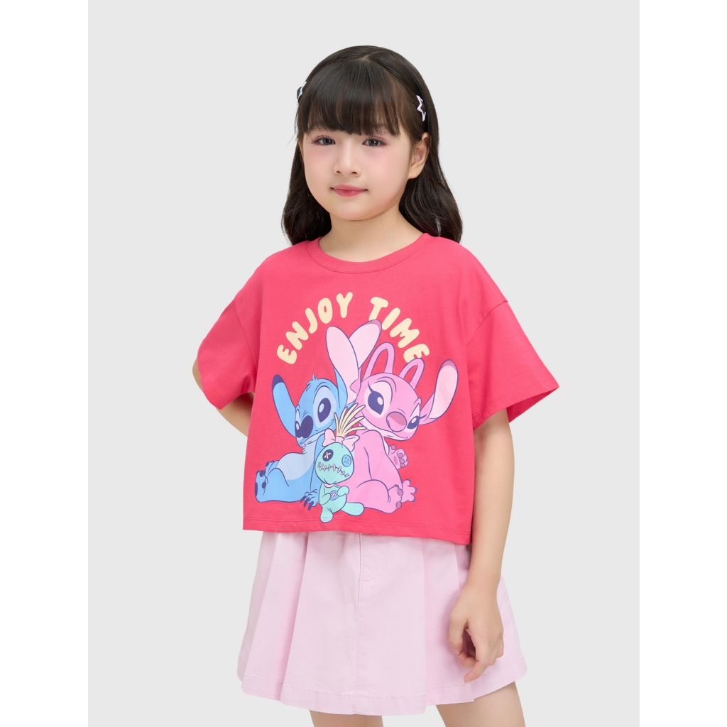Áo phông croptop bé gái CANIFA cổ tròn ngắn tay in hình Stitch chất liệu cotton thoáng mát 1TS25C003