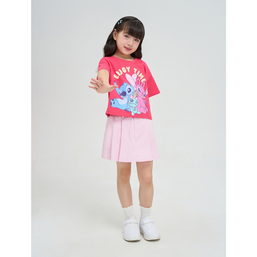 Áo phông croptop bé gái CANIFA cổ tròn ngắn tay in hình Stitch chất liệu cotton thoáng mát 1TS25C003
