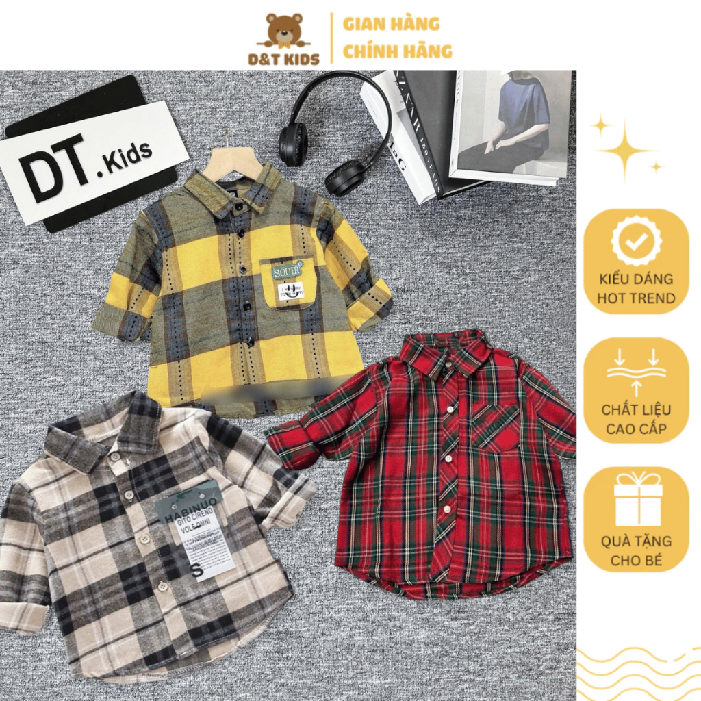 Áo sơ mi bé trai kẻ sọc, caro tay dài size 1-7 tuổi (9-24kg) thời trang Tết hot trend 2026 | D&T KIDS