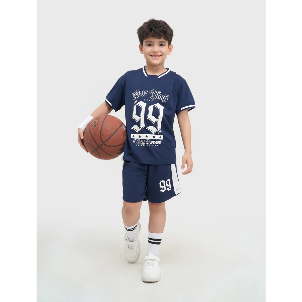 Bộ quần áo active unisex trẻ em CANIFA cổ V tay ngắn phối màu có hình in dáng thể thao năng động 3ST25S003