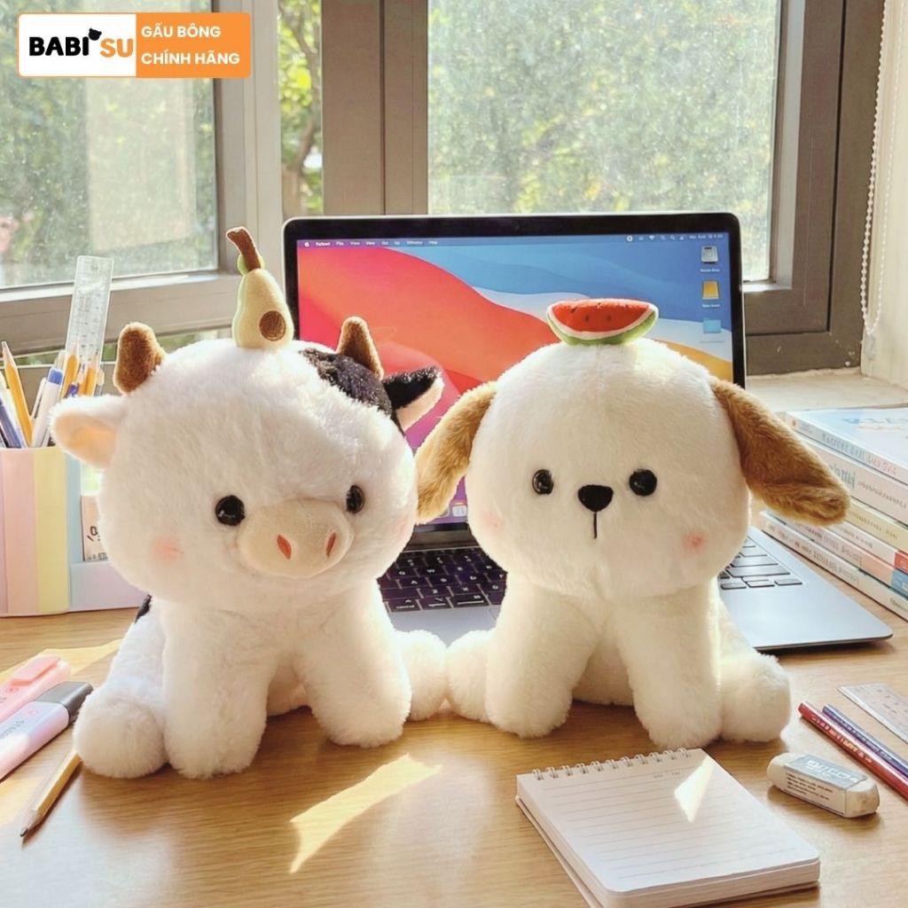 Gấu Bông Chó Cún Đội Dưa Hấu-Bò Sữa Đội Bơ, Thú Nhồi Bông Mini Cao Cấp Làm Quà Tặng Sinh Nhật, Decor Bàn Học