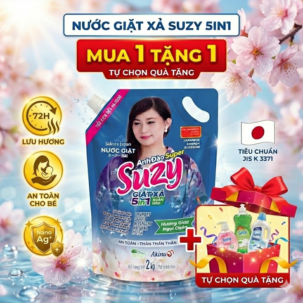 Nước Giặt Xả Suzy Anh Đào Super dạng túi, nước giặt quần áo sinh học, an toàn cho da nhạy cảm.