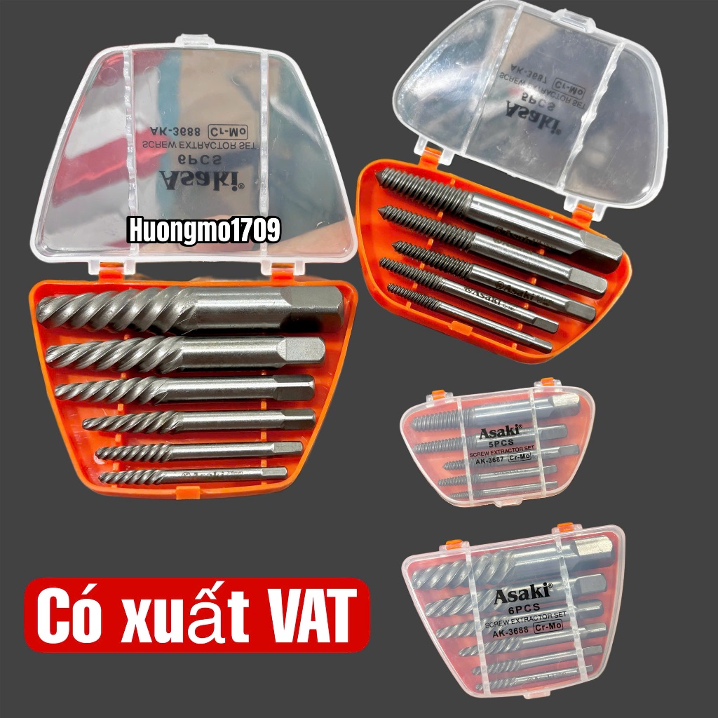 Bộ mũi ren tháo mở bu lông, ốc vít gãy ASAKI model AK-3687 và AK-3688, bộ ta rô lấy ốc gãy