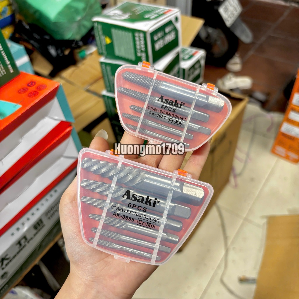 Bộ mũi ren tháo mở bu lông, ốc vít gãy ASAKI model AK-3687 và AK-3688, bộ ta rô lấy ốc gãy