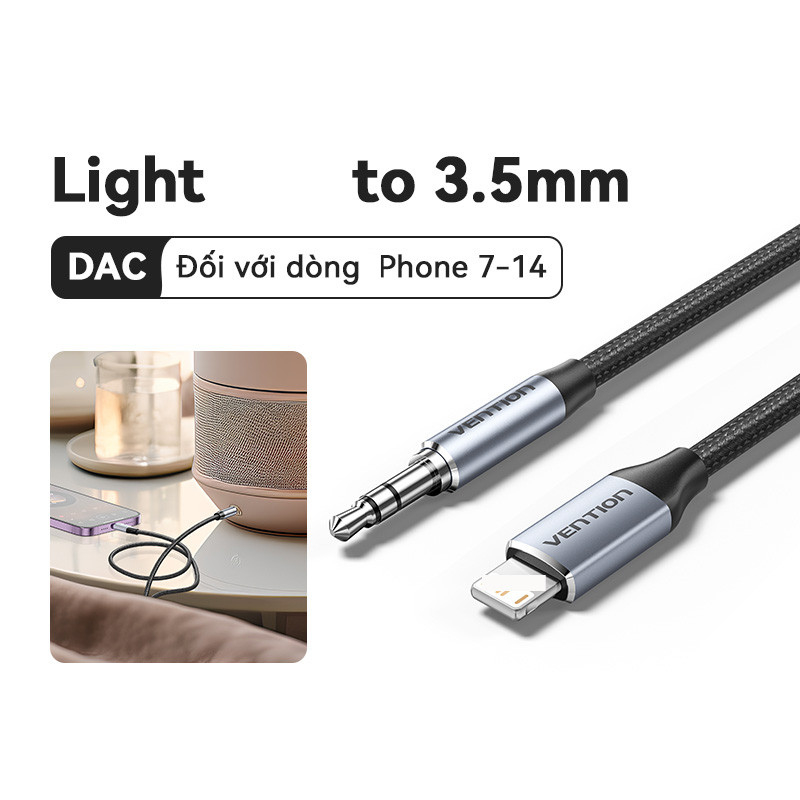 Dây Cáp Âm Thanh Light Sang 3.5mm Đực Vention, Jack AUX Đầu Chuyển Âm Thanh Splitter Cho Phone 7-14 Chip DAC Tiên Tiến
