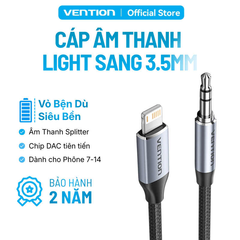 Dây Cáp Âm Thanh Light Sang 3.5mm Đực Vention, Jack AUX Đầu Chuyển Âm Thanh Splitter Cho Phone 7-14 Chip DAC Tiên Tiến