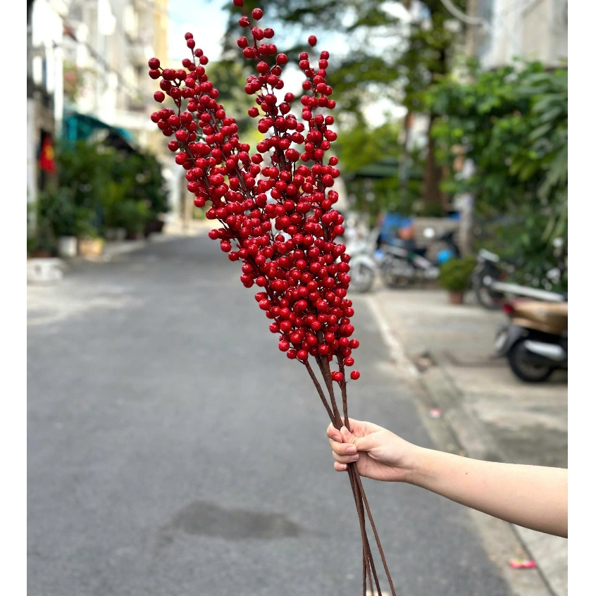 Sỉ 5-10) Cành đào đông đỏ Cherry 12 nhánh trang trí hoa trang trí ngày tết bình hoa giả ngày tết | Việt Nam
