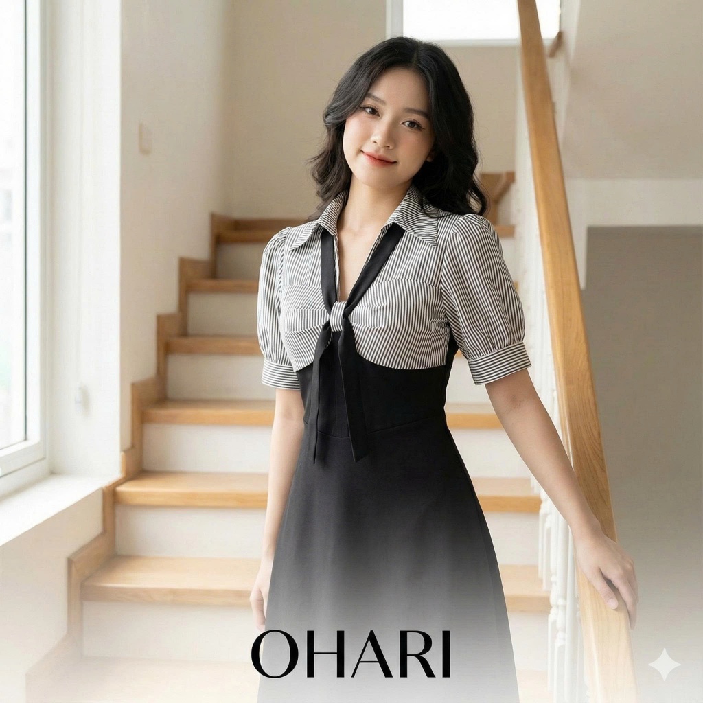 OHARI Váy tay phồng kẻ sọc phối nơ tiểu thư, váy cổ sơ mi phối sọc đi làm đi chơi đều xinh.