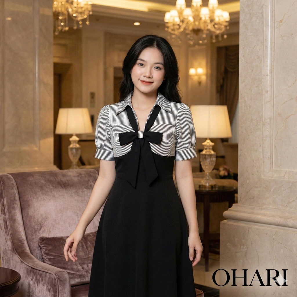 OHARI Váy tay phồng kẻ sọc phối nơ tiểu thư, váy cổ sơ mi phối sọc đi làm đi chơi đều xinh.