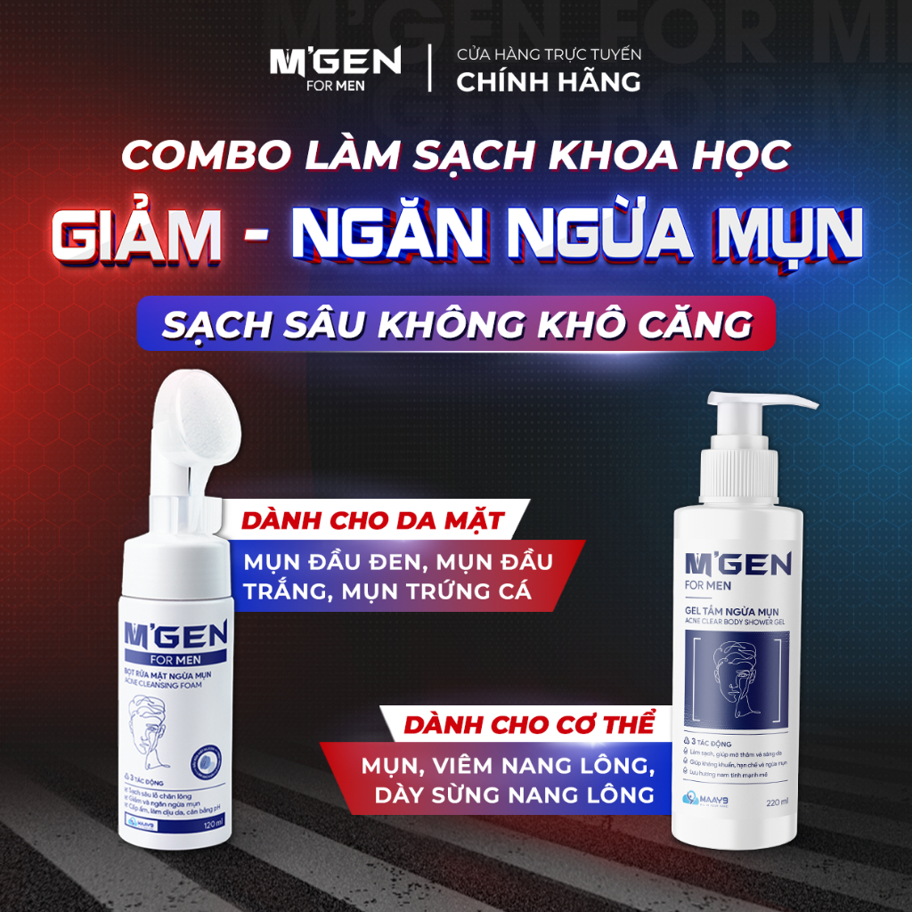 Combo ngừa mụn MGEN - Bọt rửa mặt ngừa mụn và gel tắm ngừa mụn cho nam ...