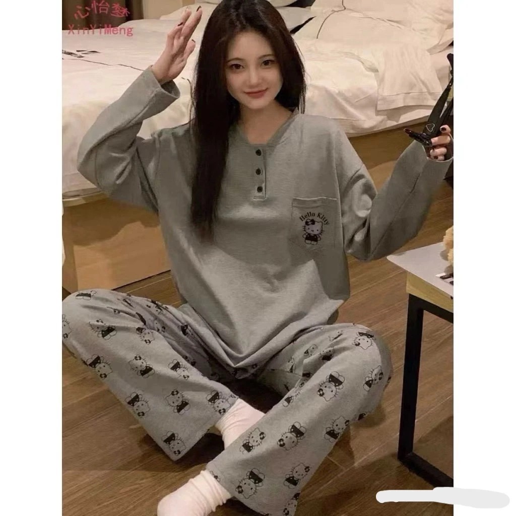 Sét Pijama Nữ- Sét Quần Áo Thời Trang Nữ thu Đông Dài tay In Kín Mèo Kitty Chất Nỉ Mỏng 2 lớp Dày Dặn Hottrend 2026