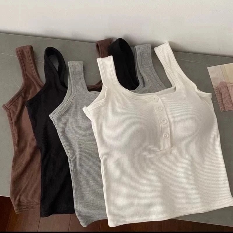 Áo TankTop Nữ Kèm Mút Ngực Phối Cúc Cổ Chất Bo Tăm Co Dãn Cao Cấp From siêu ôm Body