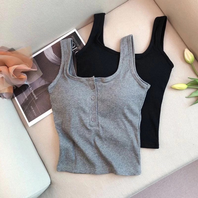 Áo TankTop Nữ Kèm Mút Ngực Phối Cúc Cổ Chất Bo Tăm Co Dãn Cao Cấp From siêu ôm Body