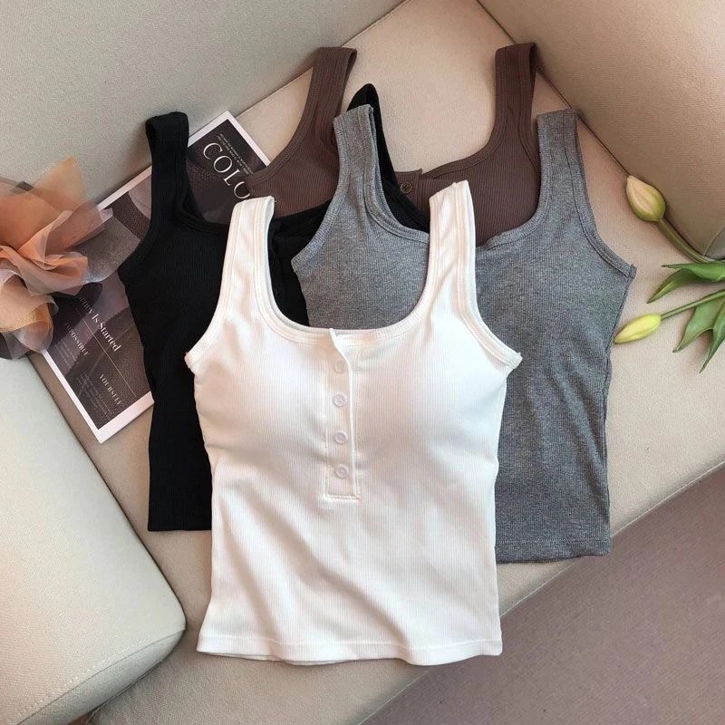 Áo TankTop Nữ Kèm Mút Ngực Phối Cúc Cổ Chất Bo Tăm Co Dãn Cao Cấp From siêu ôm Body