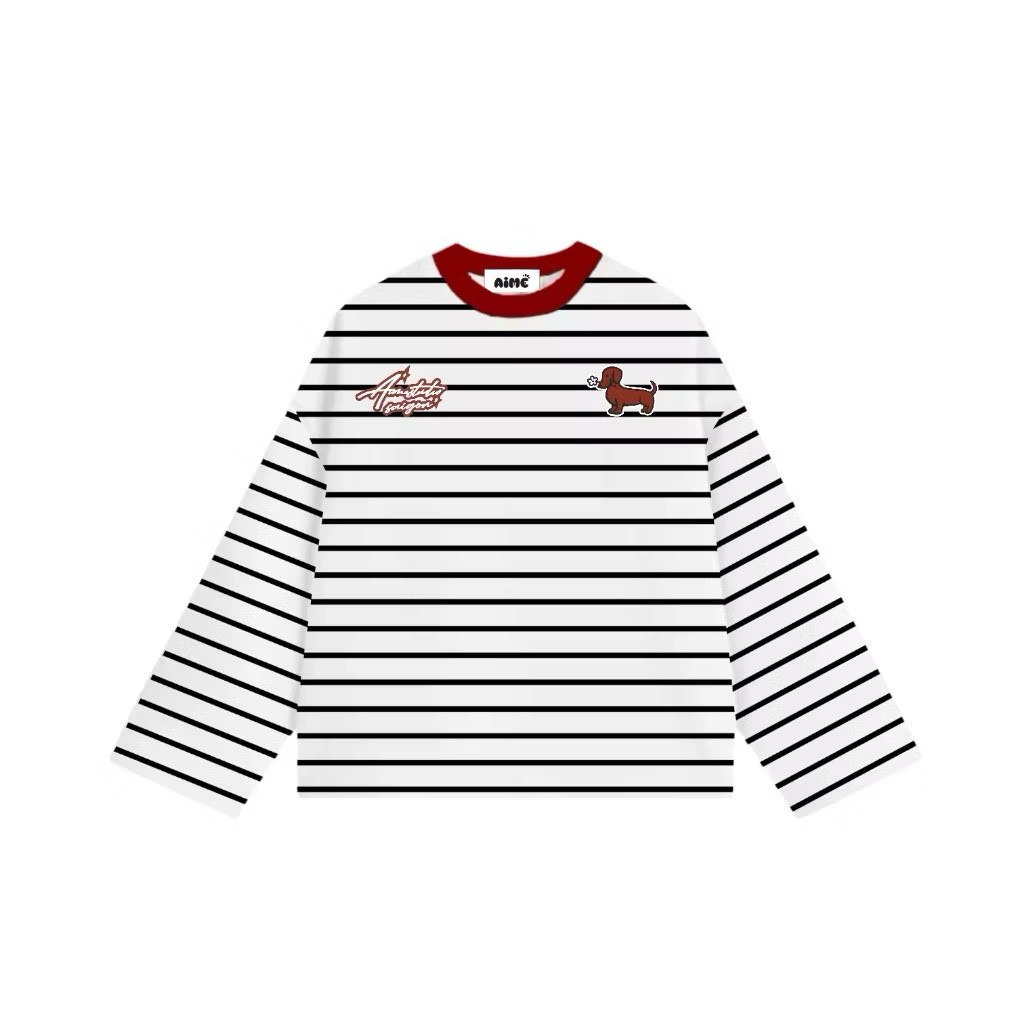[ Mua 5 tặng 1 ] Áo Thun Tay Dài Sọc Ngang Form Rộng Cổ Tròn "DOG " Unisex