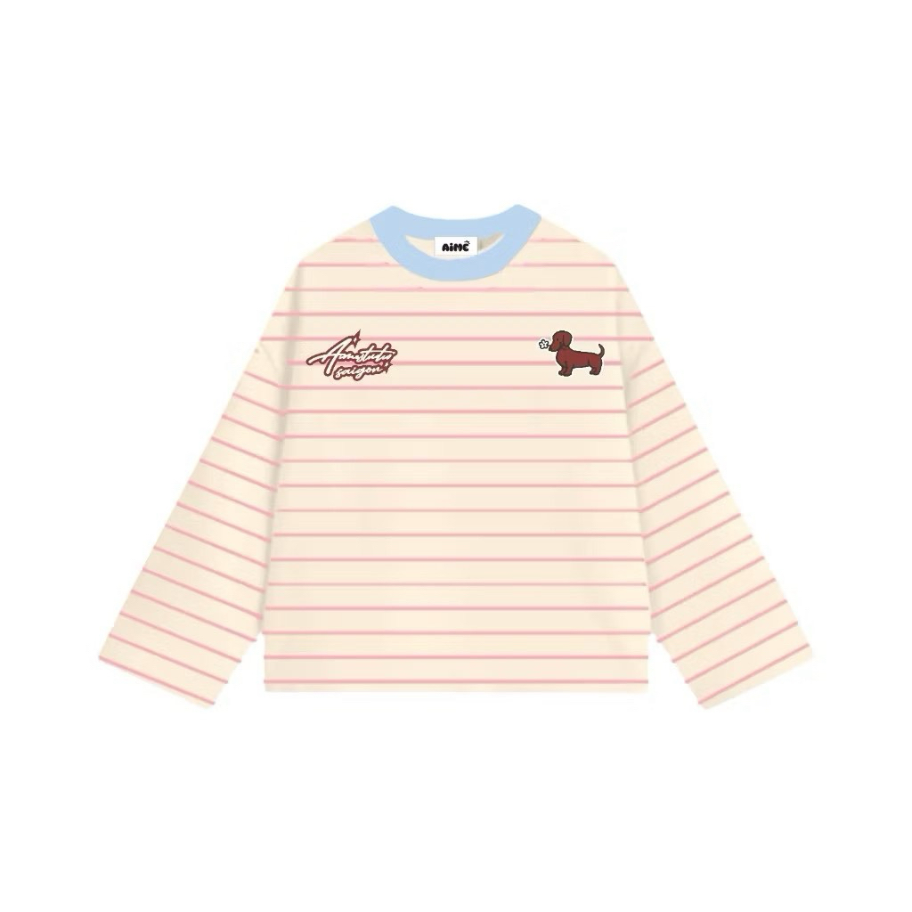 [ Mua 5 tặng 1 ] Áo Thun Tay Dài Sọc Ngang Form Rộng Cổ Tròn "DOG " Unisex