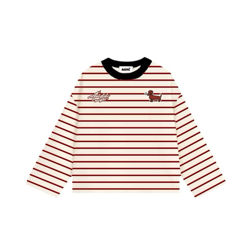 [ Mua 5 tặng 1 ] Áo Thun Tay Dài Sọc Ngang Form Rộng Cổ Tròn "DOG " Unisex