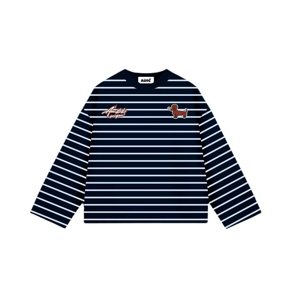 [ Mua 5 tặng 1 ] Áo Thun Tay Dài Sọc Ngang Form Rộng Cổ Tròn "DOG " Unisex