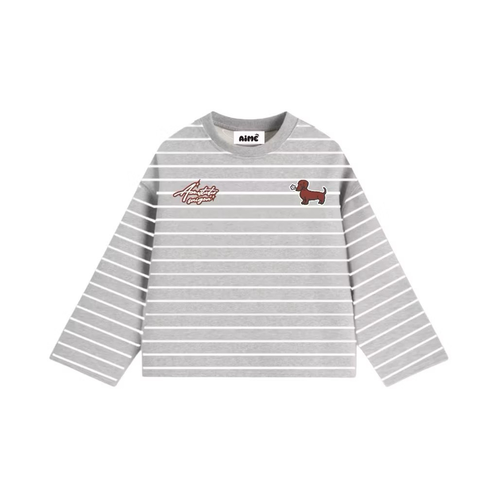 [ Mua 5 tặng 1 ] Áo Thun Tay Dài Sọc Ngang Form Rộng Cổ Tròn "DOG " Unisex