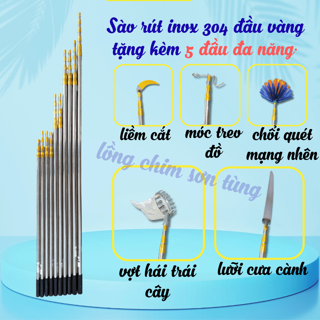 Sào Rút inox 304 khóa nhôm kèm 5 đầu đa năng cao cấp kích thước từ 3-9m ...