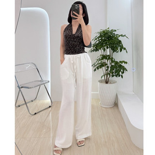 (Hỏa tốc) Quần suông linen ống rộng có túi lưng dây rút Freesize có lót quần mùa hè
