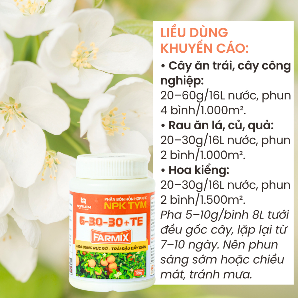 Phân Bón Lá NPK Farmix 6-30-30+TE (100gram) – Hoa Bung Rực Rỡ, Trái Đậu Đầy Giàn