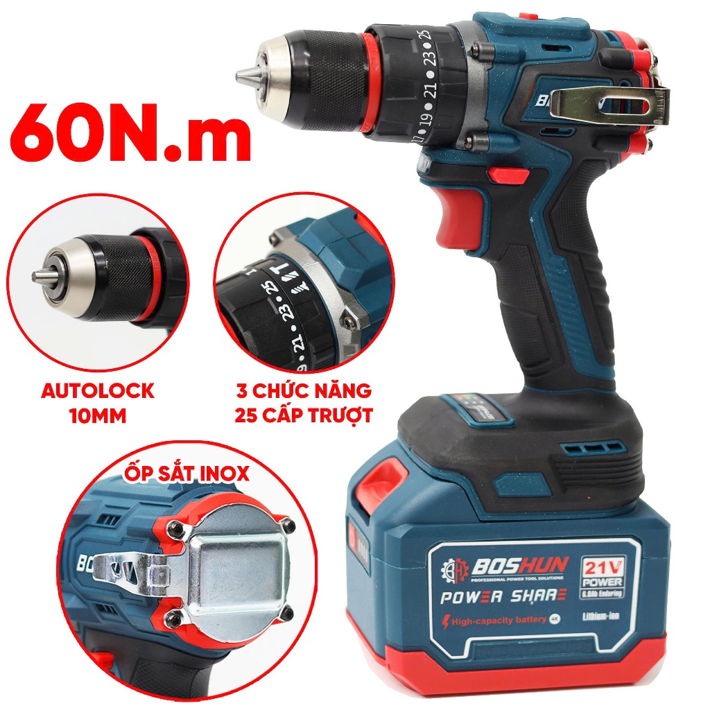 [3 IN 1] Combo 3 Máy Khoan - Siết Bulong- Mài Góc BOSHUN BS-CB3PCS Pin Phổ Thông 15CELL, Không Chổi Than