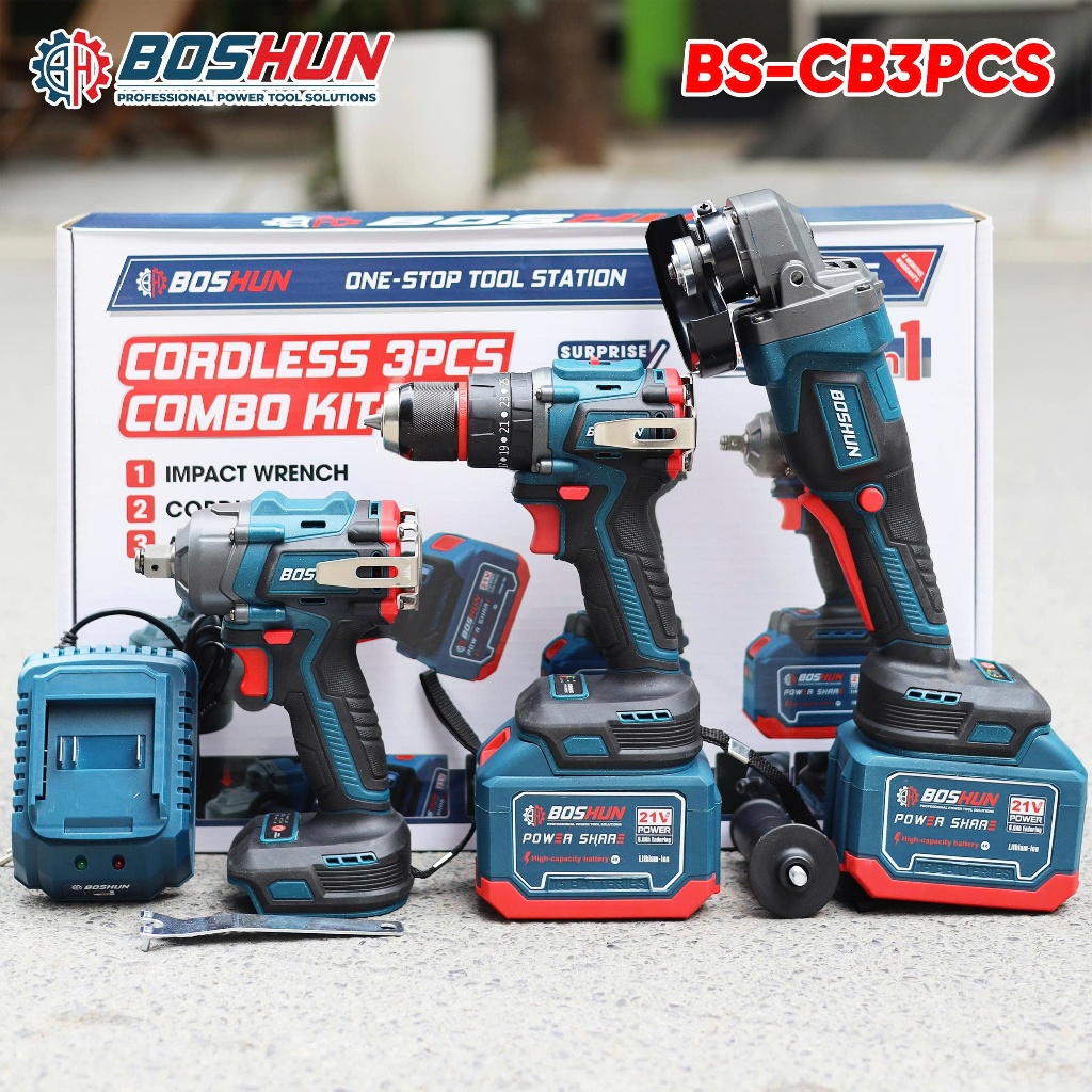 Combo Dụng Cụ Máy Pin BOSHUN BS-CB3PCS Bộ 3 Máy Khoan, Bulong, Máy Mài  Mạnh Mẽ – Đa Năng – Tiết Kiệm