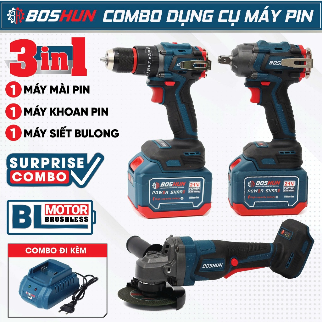 [3 IN 1] Combo 3 Máy Khoan - Siết Bulong- Mài Góc BOSHUN BS-CB3PCS Pin Phổ Thông 15CELL, Không Chổi Than