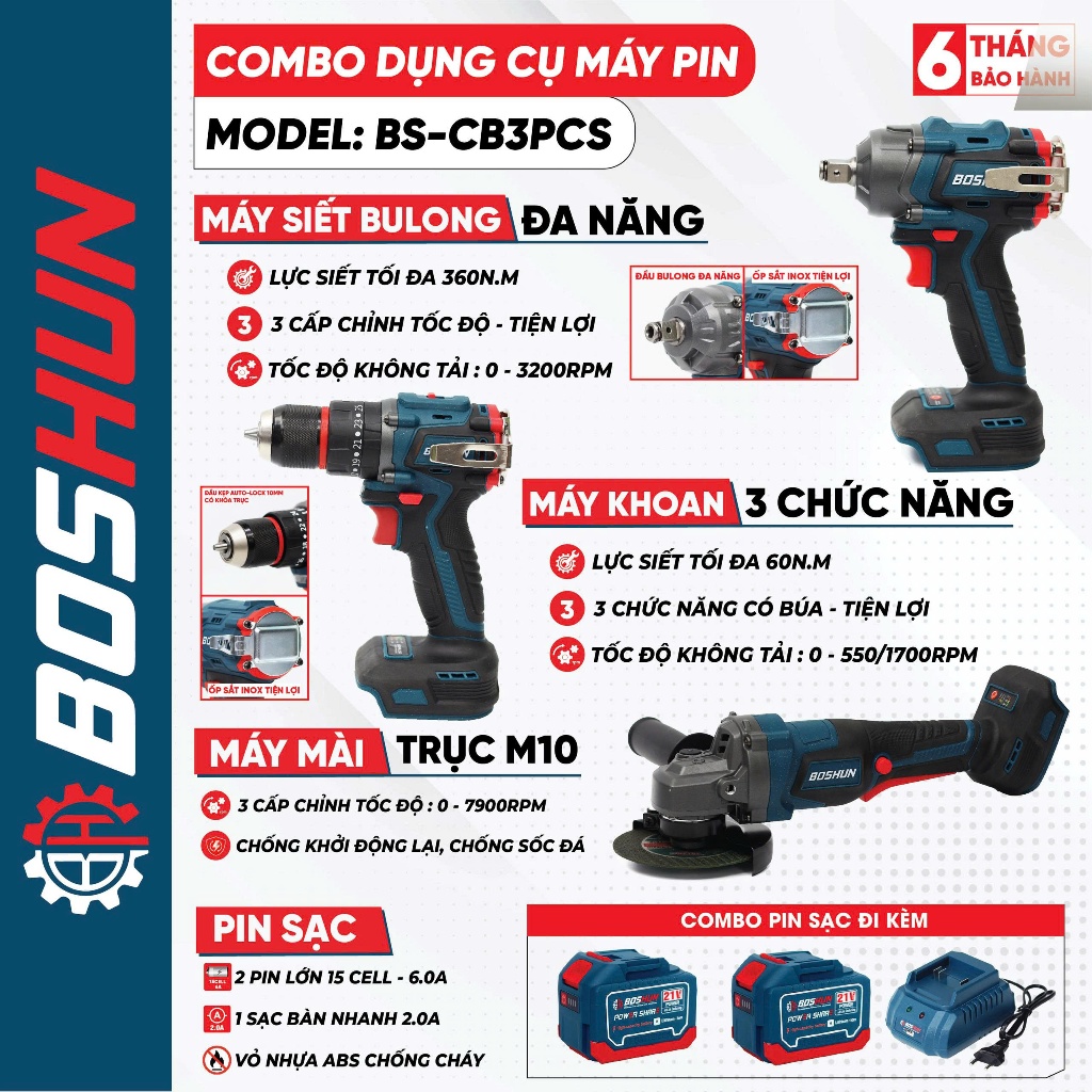 [3 IN 1] Combo 3 Máy Khoan - Siết Bulong- Mài Góc BOSHUN BS-CB3PCS Pin Phổ Thông 15CELL, Không Chổi Than