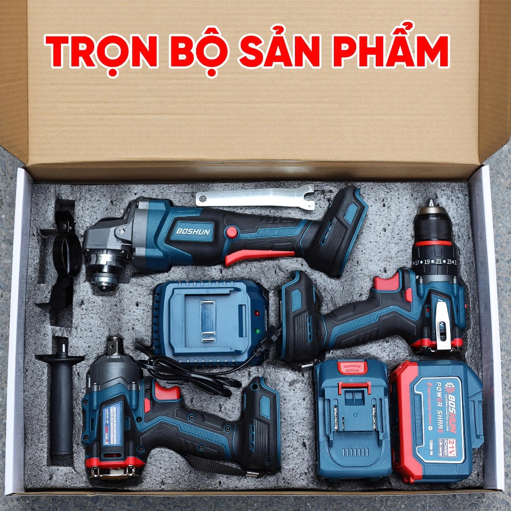 Combo Dụng Cụ Máy Pin BOSHUN BS-CB3PCS Bộ 3 Máy Khoan, Bulong, Máy Mài  Mạnh Mẽ – Đa Năng – Tiết Kiệm
