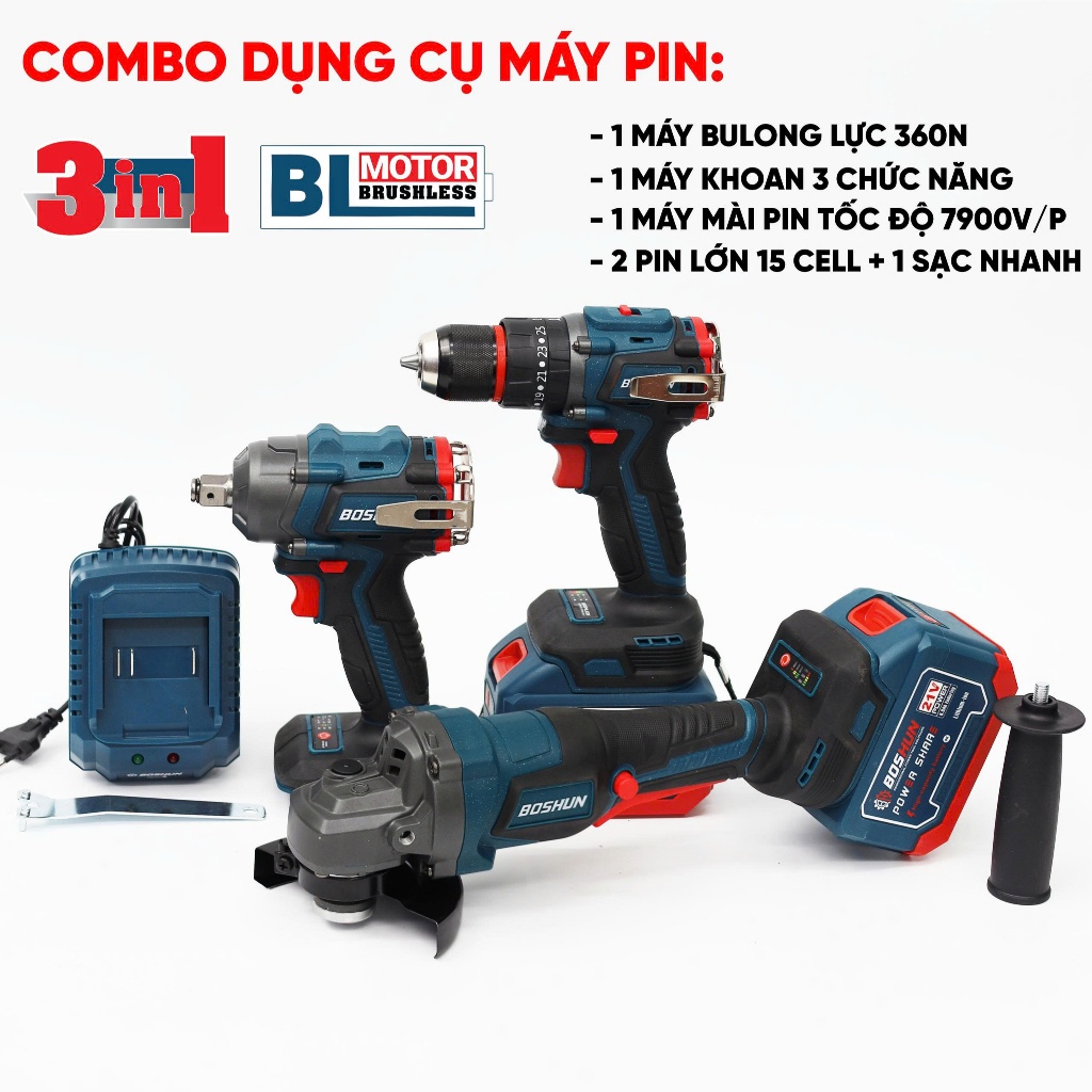 [3 IN 1] Combo 3 Máy Khoan - Siết Bulong- Mài Góc BOSHUN BS-CB3PCS Pin Phổ Thông 15CELL, Không Chổi Than
