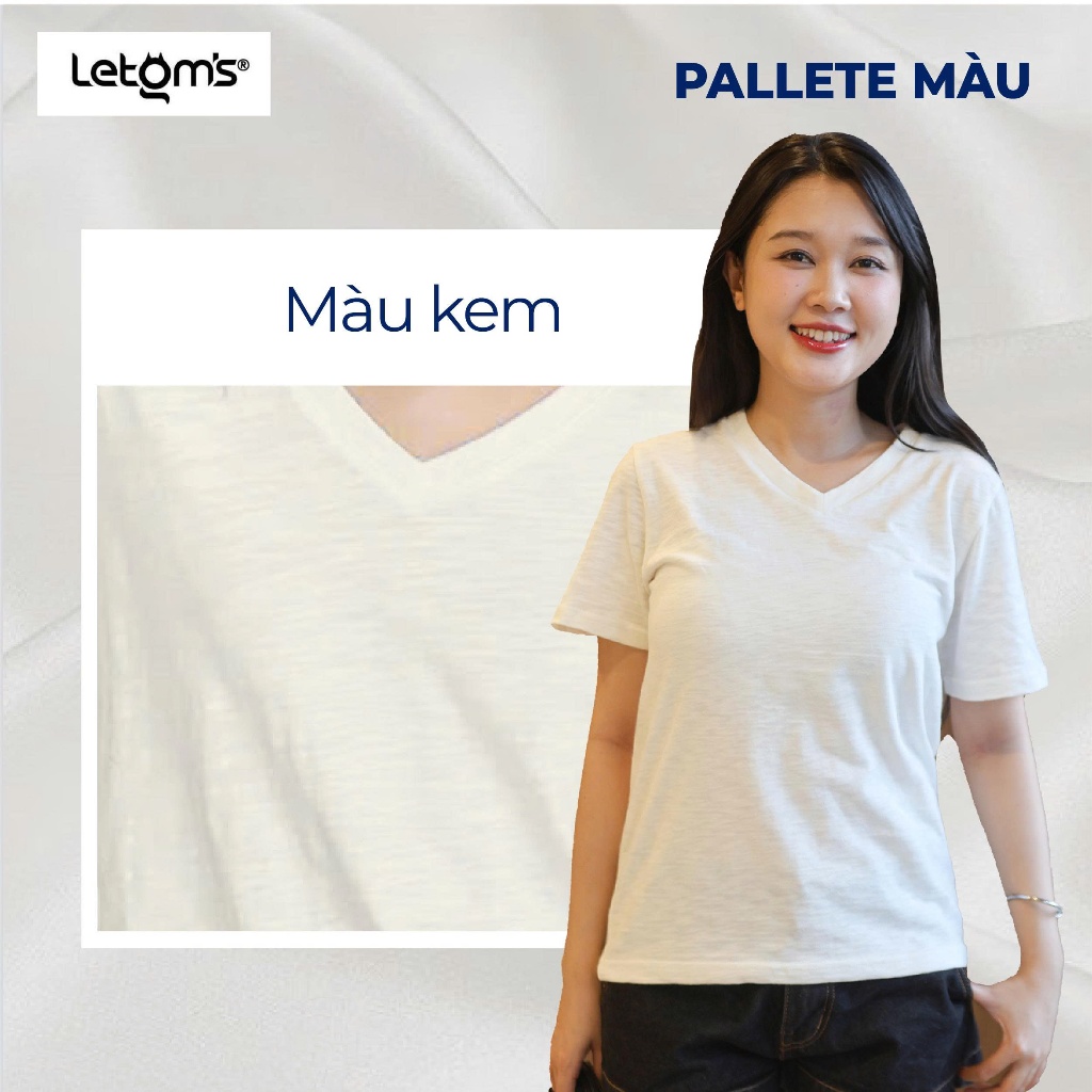 Áo Thun Cổ Tim Nữ LeTom’s Cotton Xước Mỹ – Áo Cotton Nữ Basic Trắng Kem Form Đẹp Co Giãn Thấm Hút Màu Trắng Kem