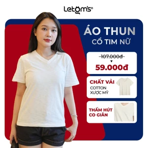 Áo Thun Cổ Tim Nữ LeTom’s Cotton Xước Mỹ – Áo Cotton Nữ Basic Trắng Kem Form Đẹp Co Giãn Thấm Hút Màu Trắng Kem