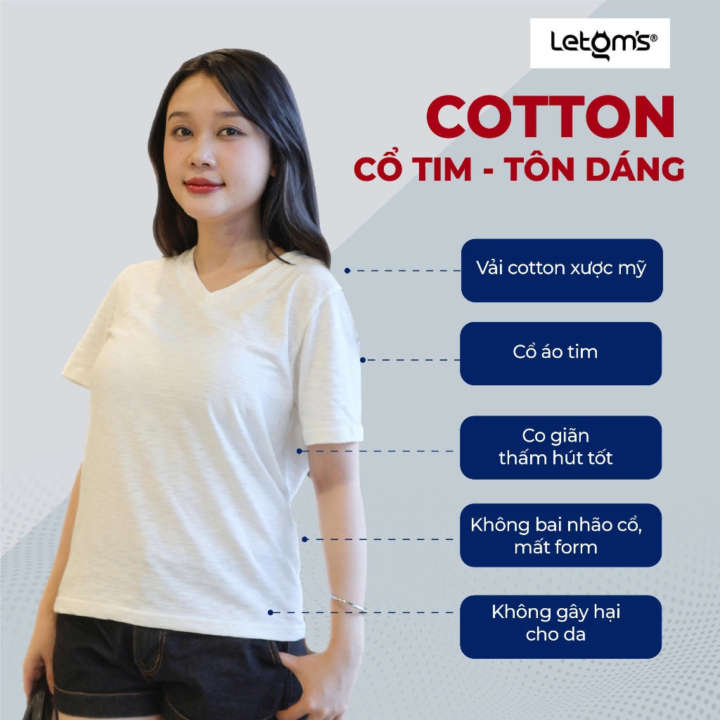 Áo Thun Cổ Tim Nữ LeTom’s Cotton Xước Mỹ – Áo Cotton Nữ Basic Trắng Kem Form Đẹp Co Giãn Thấm Hút Màu Trắng Kem