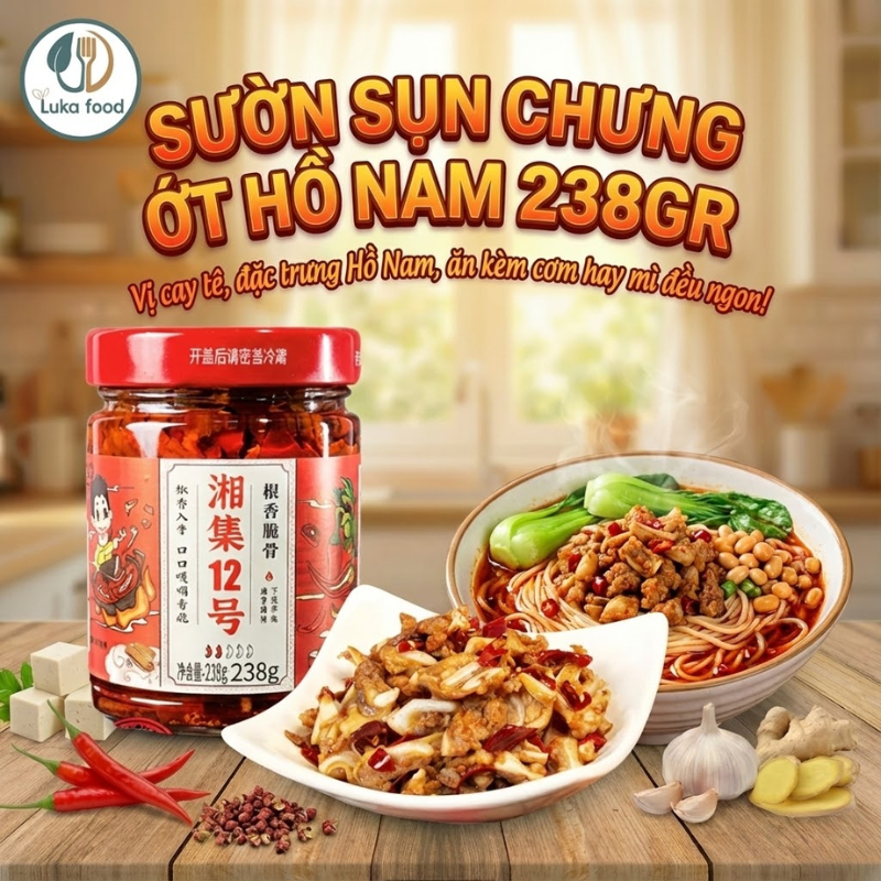 Sườn Sụn Chưng Ớt Hồ Nam 238g (Số 12) - Sụn Heo Cay Giòn Sần Sật, Mồi Nhậu, Đồ Ăn Vặt Nội Địa Trung Ăn Liền Luka Food