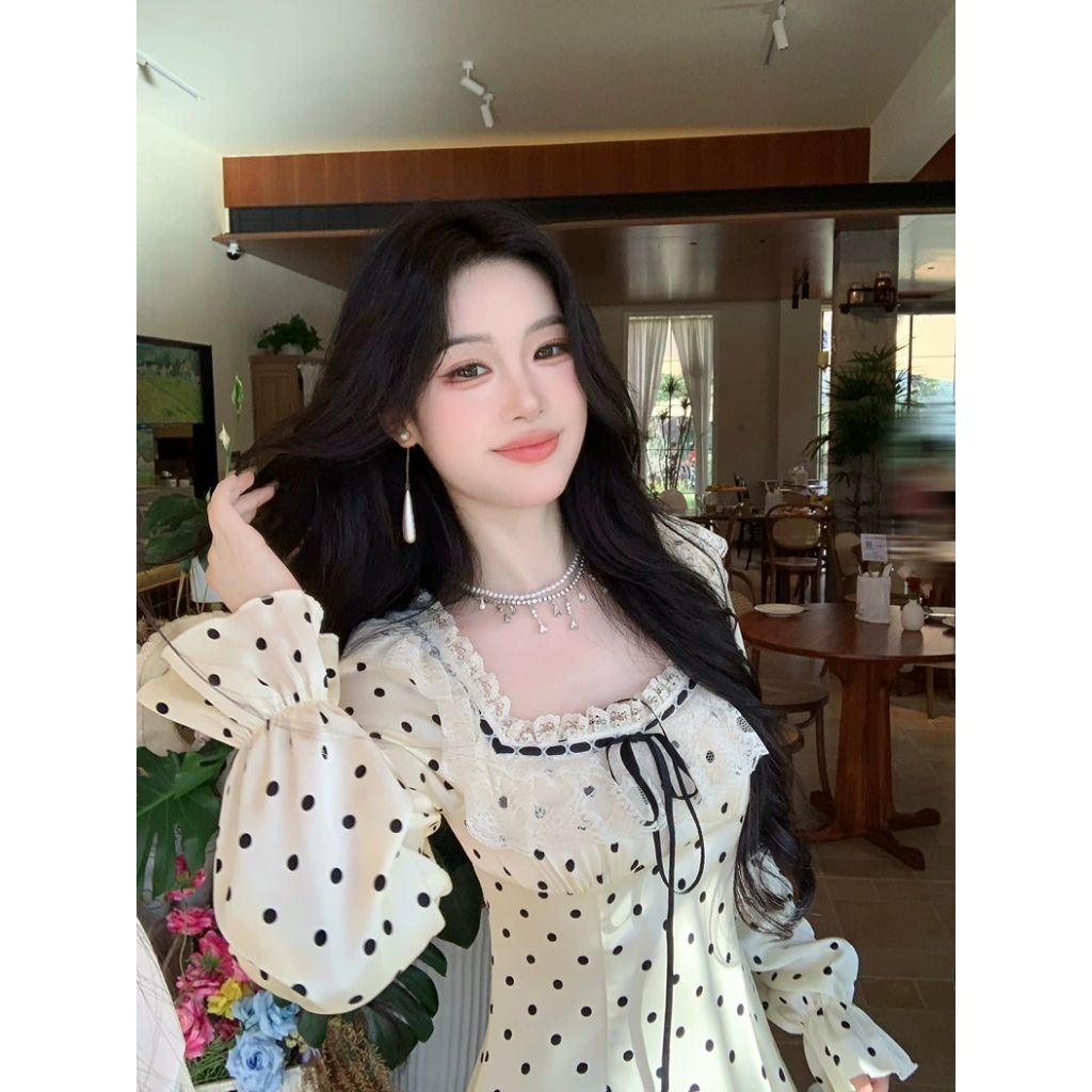 Váy Tiểu Thư Dáng Dài Chấm Bi Cổ Vuông Tay Bồng Thanh Lịch Mặc Dự Tiệc, Sinh Nhật, Du Lịch - [TLV7]