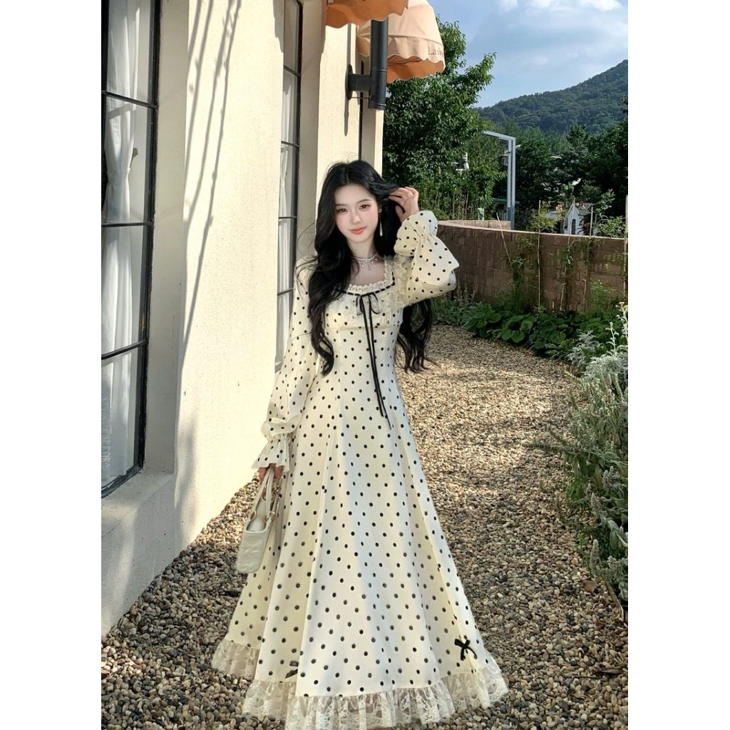 Váy Tiểu Thư Dáng Dài Chấm Bi Cổ Vuông Tay Bồng Thanh Lịch Mặc Dự Tiệc, Sinh Nhật, Du Lịch - [TLV7]