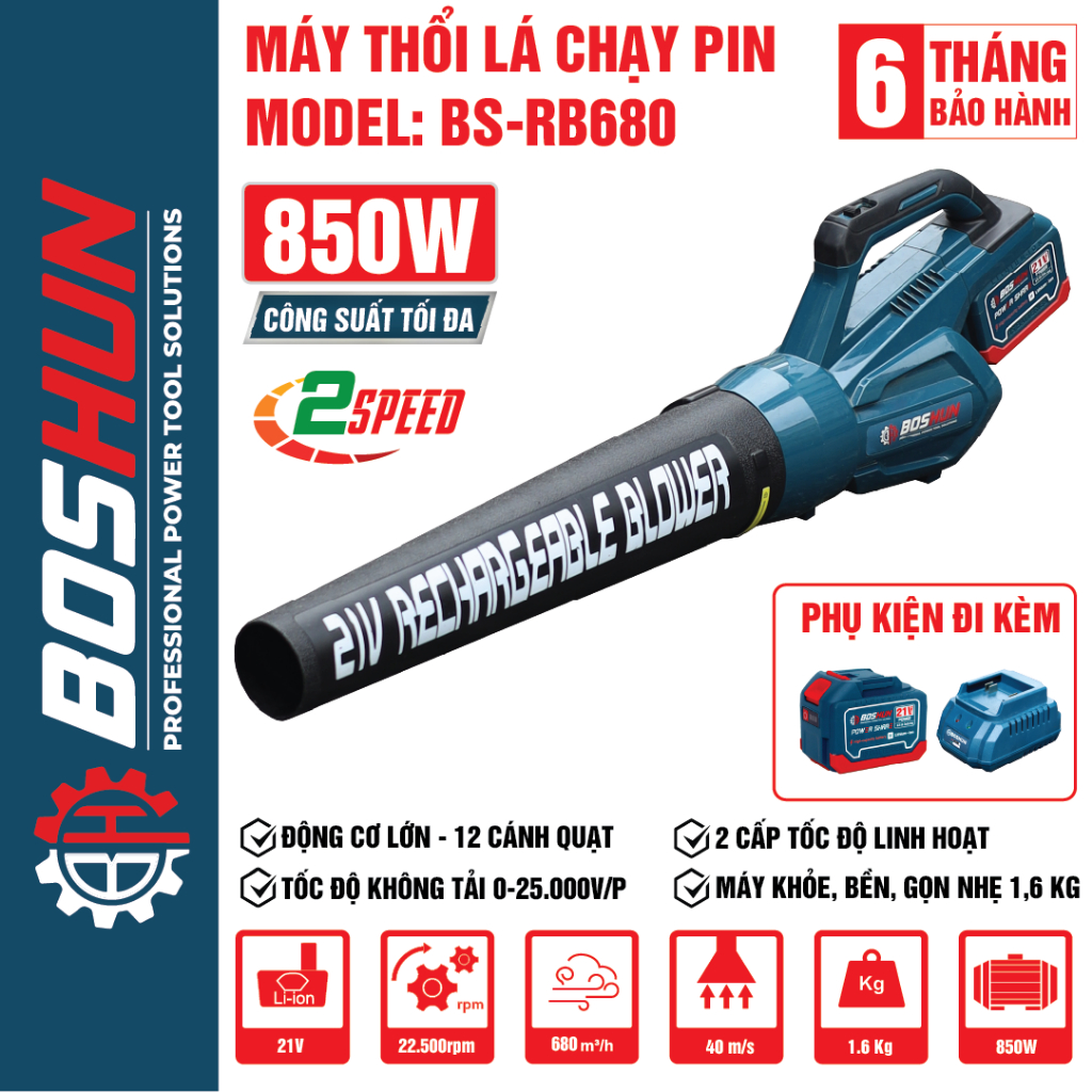 Máy Thổi Lá Chạy Pin BOSHUN BS-RB680M 850W – Pin 21V – 2 Tốc Độ Gió Động Cơ Mạnh, Nhẹ 1.6kg – Thổi Lá, Bụi, Rác Sân Vườn