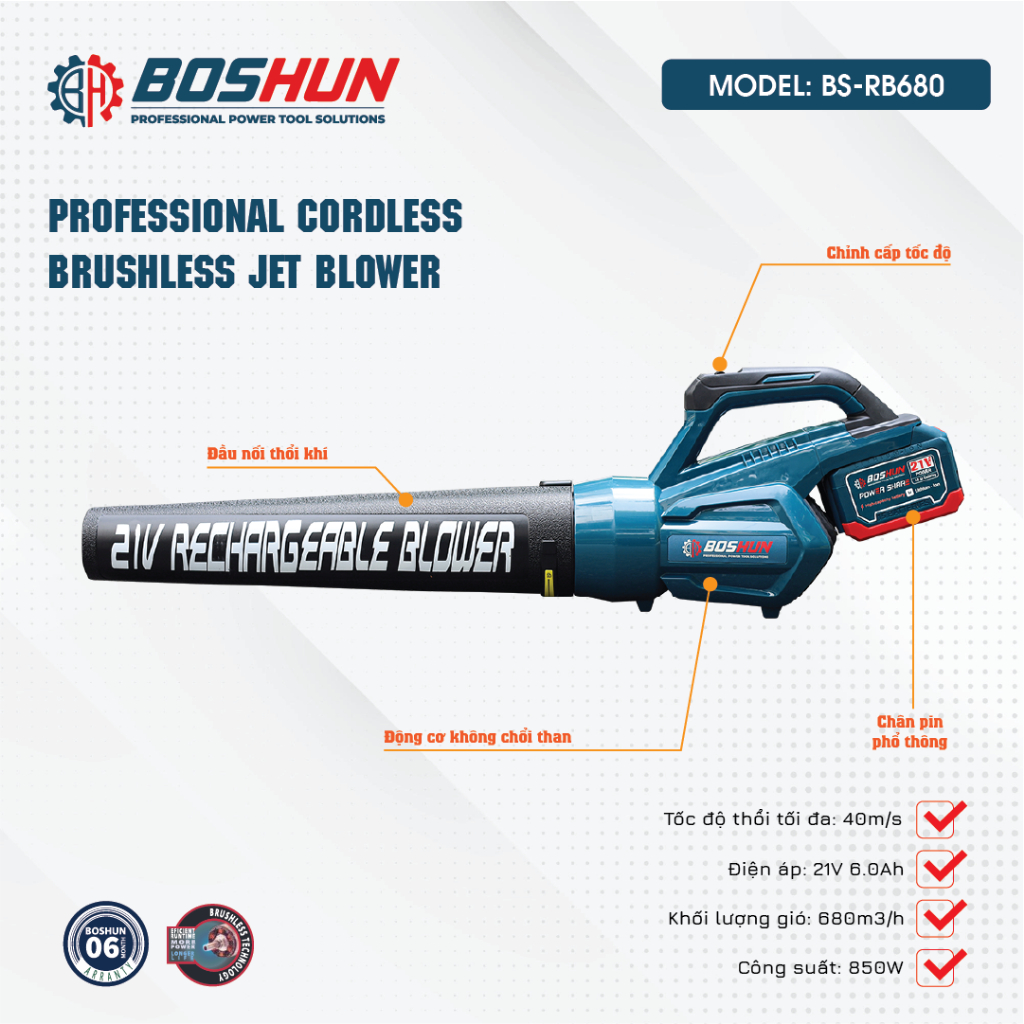 Máy Thổi Lá Chạy Pin BOSHUN BS-RB680M 850W – Pin 21V – 2 Tốc Độ Gió Động Cơ Mạnh, Nhẹ 1.6kg – Thổi Lá, Bụi, Rác Sân Vườn
